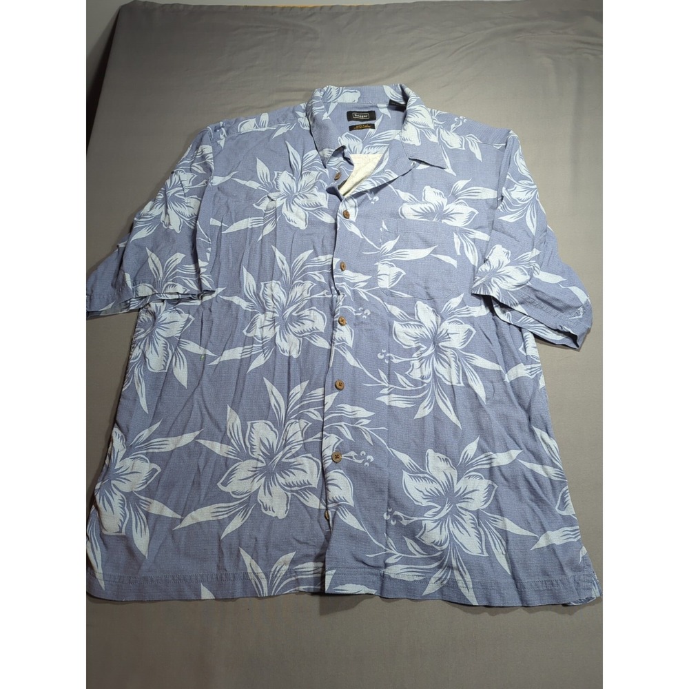Haggar‎ Mens 100% Silk Floral Hawaiian Button Up Short Sleeve Blue Shirt Size XL